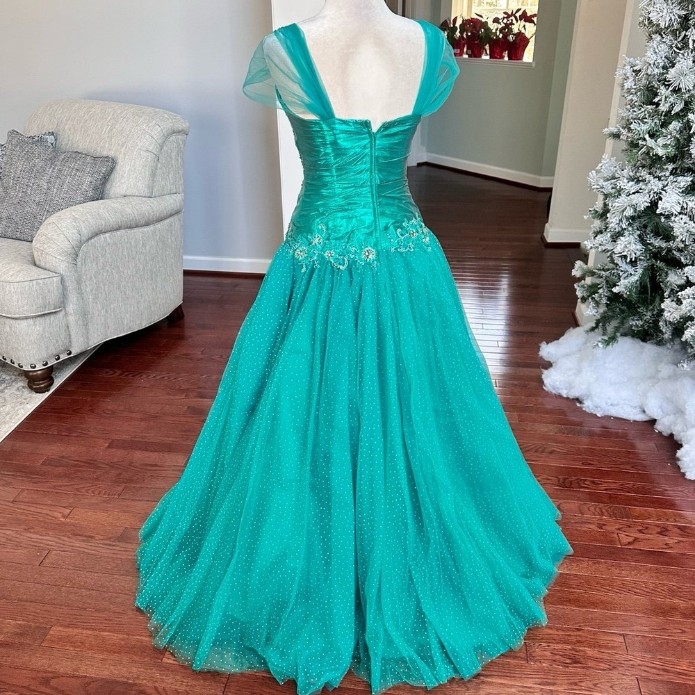 Vintage Luxury Alyce Designs Teal Green Glitter Puffy Tulle Princess Gown Dress - Picture 11 of 12